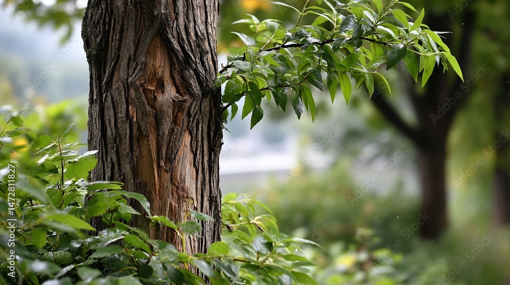 Fototapeta premium Wounded tree trunk amidst lush greenery