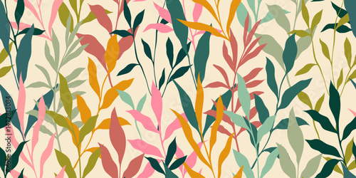 Abstract art vintage colors tropical line art leaves seamles background vector. Wallpaper design with leaves shapes and scribble doodle linear leaf. vintage botanical floral seamless pattern