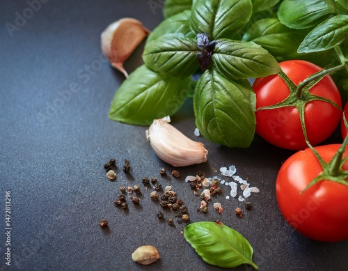 vibrant culinary ingredients with fresh basil tomato garlic and spices on dark surface