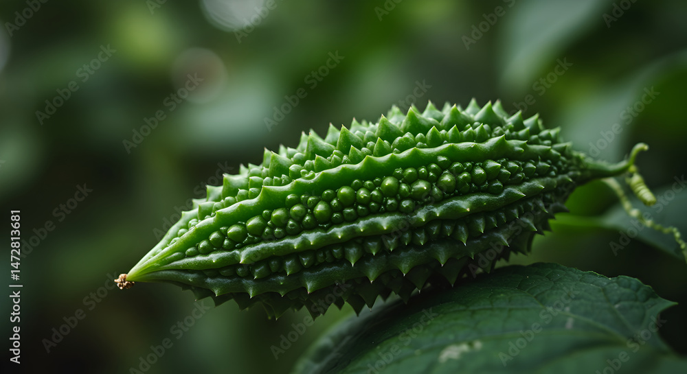 Naklejka premium Detailed Shot Of A Vibrant Green Bitter Melon Against A Natural Background