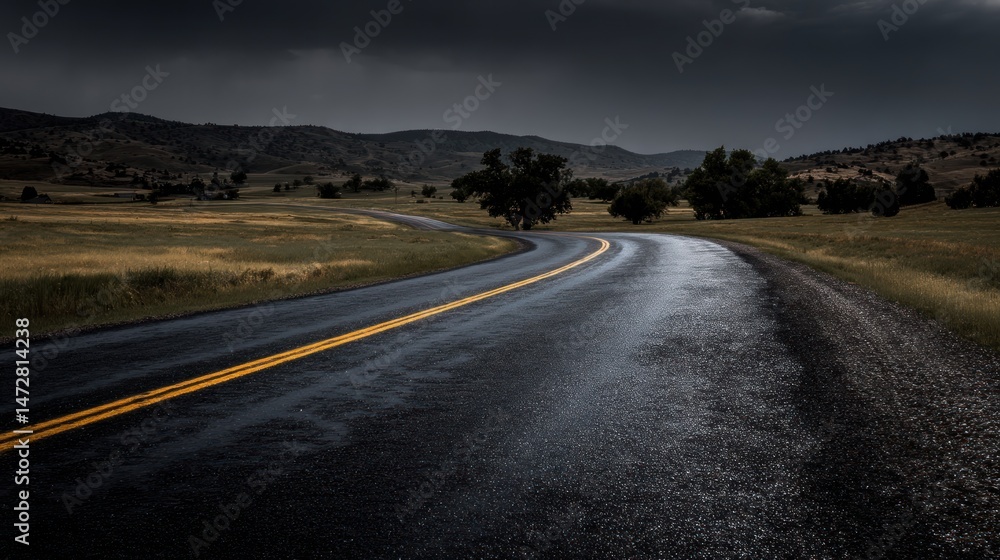Naklejka premium Wet road curves through a landscape under a dark cloudy sky.