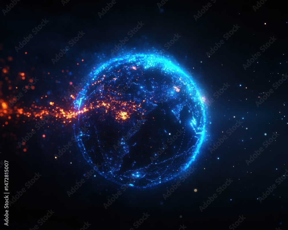 Obraz premium A stunning digital illustration of a glowing Earth surrounded by vibrant celestial elements, representing technology and global connectivity.