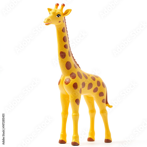 Canvas Print A yellow toy giraffe with brown spots standing upright on a white background in