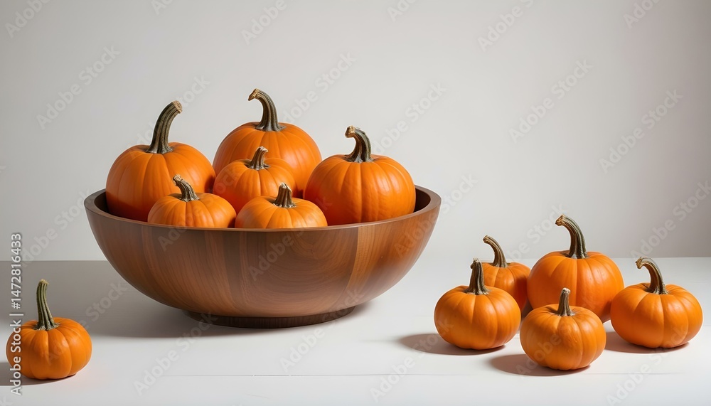 A collection of vibrant orange pumpkins inside a wooden bowl, ready for fall. A collection of vibrant orange pumpkins inside a wooden bowl, ready for fall.