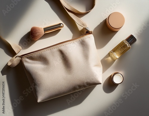 cosmetic bag mock up in natural light beige canvas pouch with zipper make up case for beauty products toiletries minimalist design top view flat lay perfect for brand product presentation