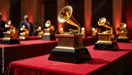 Grammy trophy display during formal ceremony, celebration of music