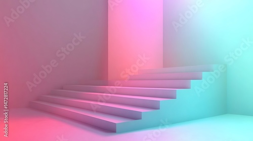 Pastel Staircase with Neon Light  and Abstract.