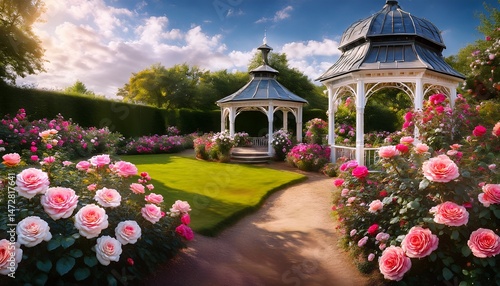 a vibrant rose garden with blooming flowers and a charming gazebo inviting serenity and beauty an oil painted garden with luxuriantly blooming english rose bushes