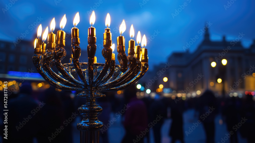 Fototapeta premium A nine-branched menorah ablaze at twilight, amidst a blurred city crowd