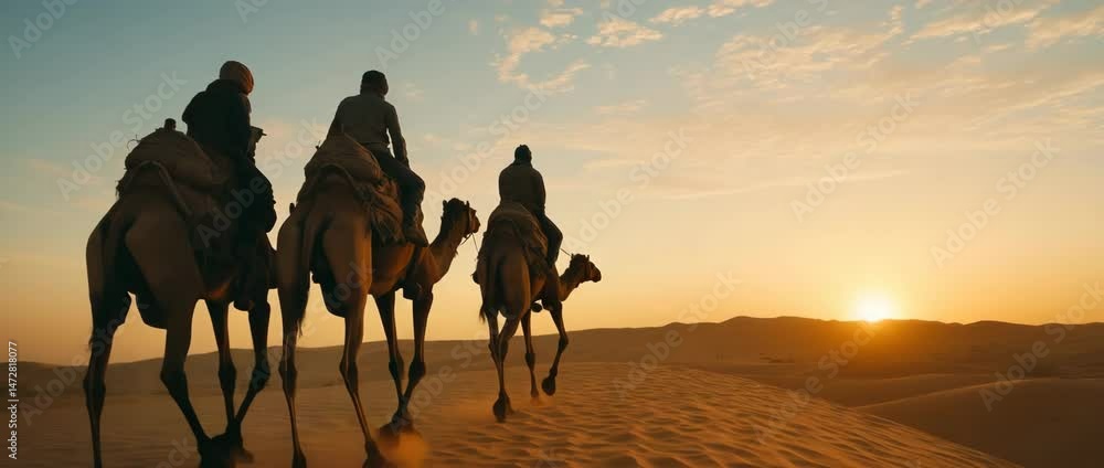 long desert journey, silhouette shadow of  three travelers riding camel at sunset desert 