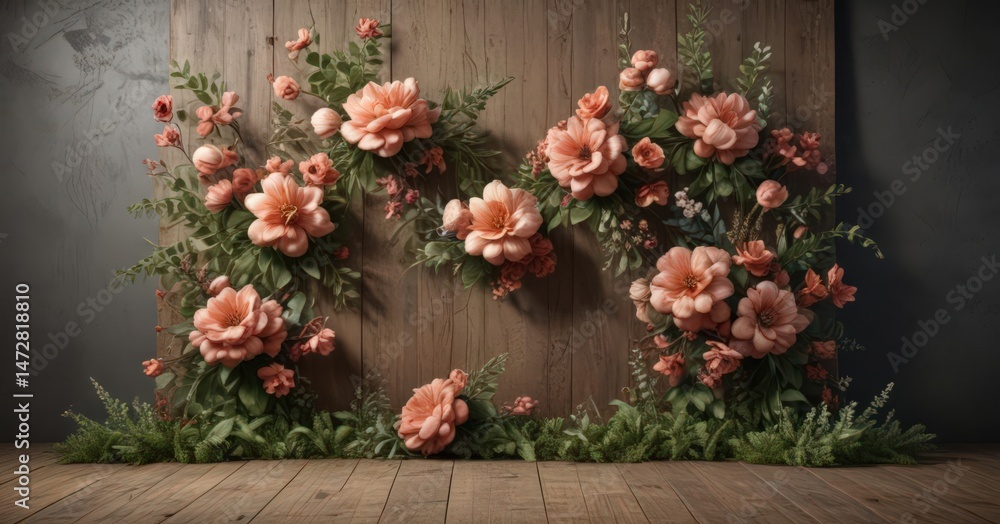 Naklejka premium Rustic artificial blooms, textured backdrop for events , faux floral, wedding photography backdrop, photo background