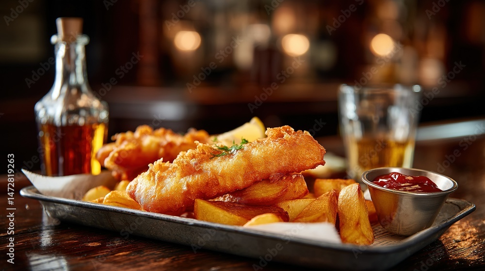 A platter of fish and fries, topped with ketchup, accompanied by a ketchup bottle and a glass of beer A platter of fish and fries, topped with ketchup, accompanied by a ketchup bottle and a glass of beer