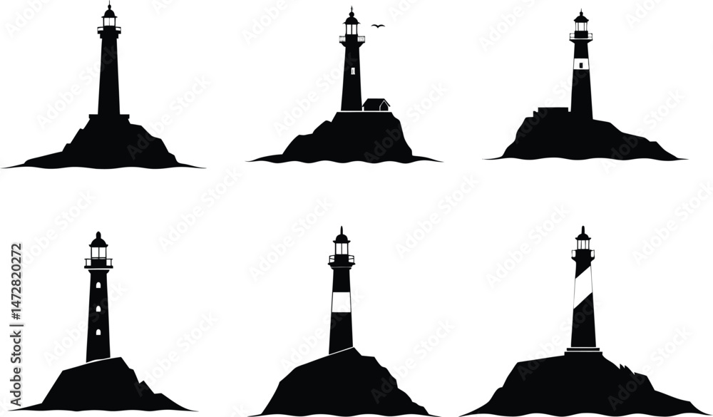 Fototapeta premium Collection of black silhouette illustrations of lighthouses situated on small islands.