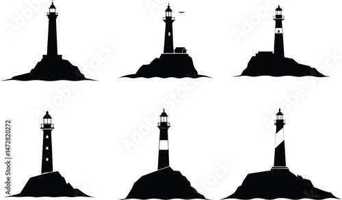 Collection of black silhouette illustrations of lighthouses situated on small islands.