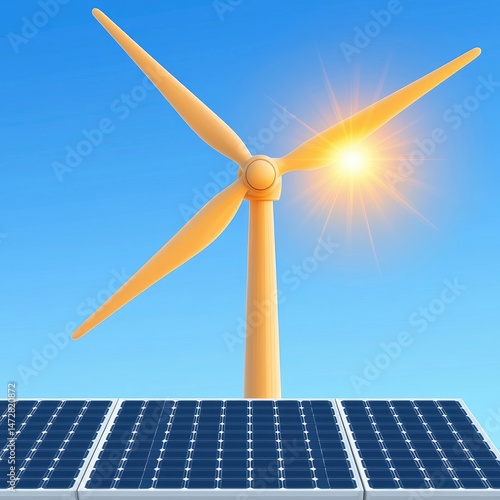 Wind turbine and solar panels against a sunny sky, symbolizing renewable energy
