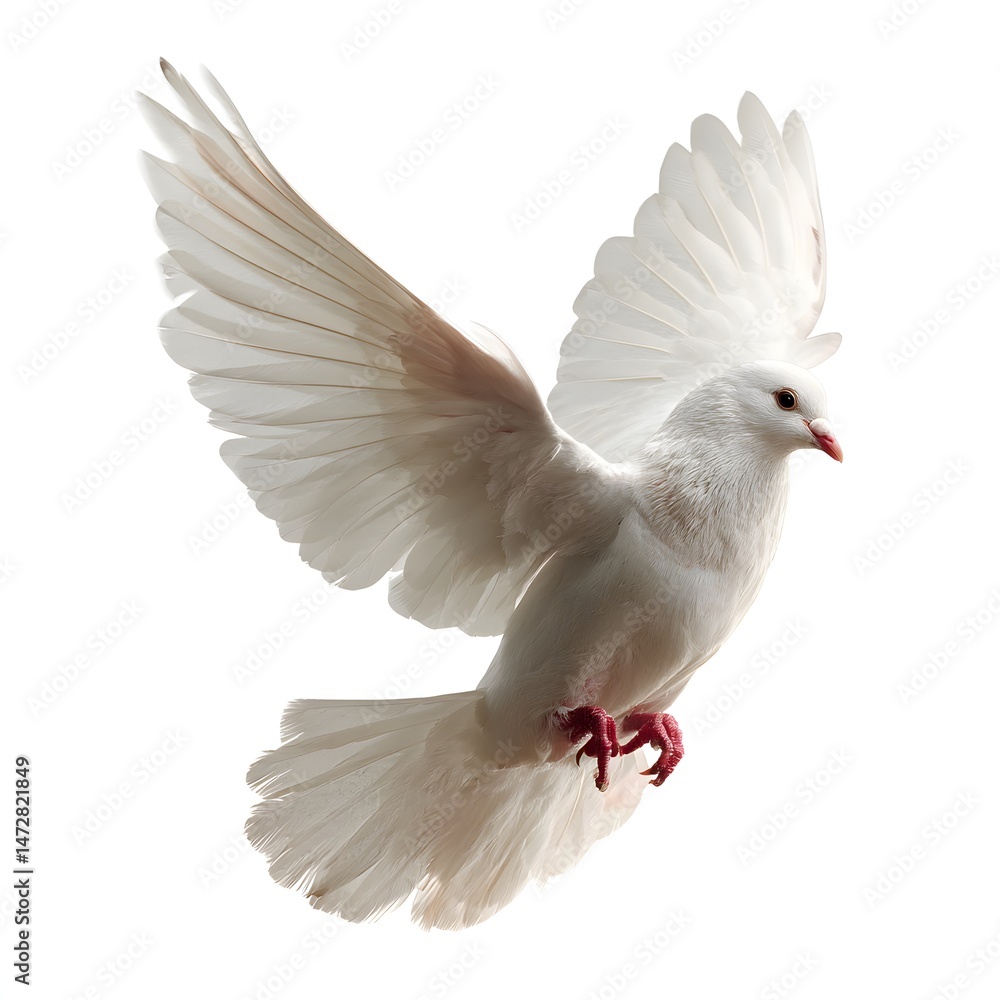 Obraz premium A free flying white dove isolated on a white background
