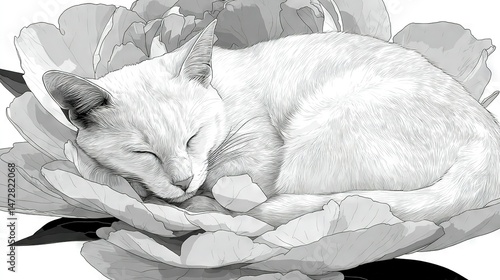   A monochromatic depiction of a feline slumbering atop a blossom, with its noggin poised at the petal's terminus
