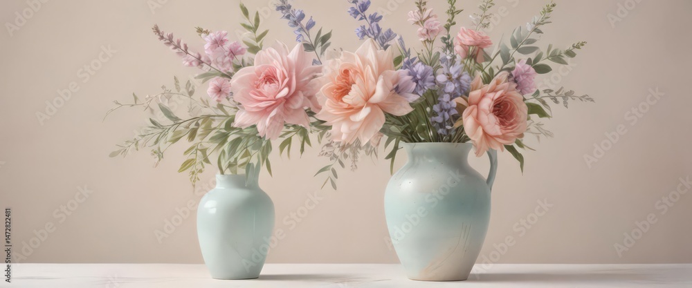 Obraz premium Pastel watercolor flower painting; charming vase, soft colors , illustration, flowers, vase