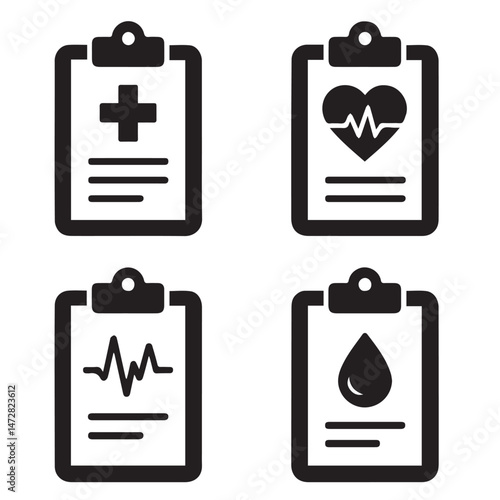 Medical Clipboard Icons – Patient File Silhouettes with Cross, ECG, Heartbeat, and Blood Test Symbols