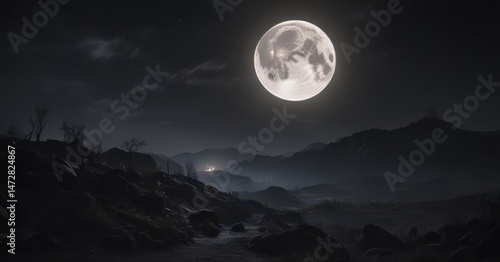 Low-hanging full moon casts eerie glow on dark landscape,  heavenly,  mysterious