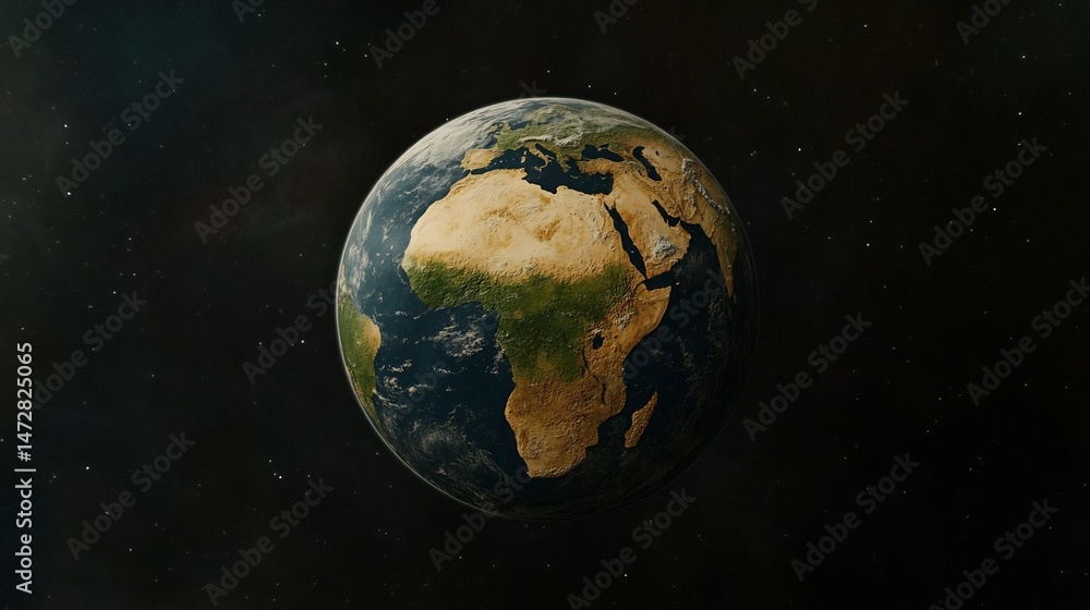 Naklejka premium Realistic Earth Globe Showing Africa and Europe from Space on a Starry Background