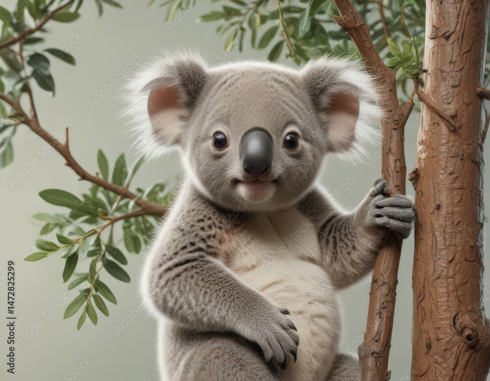 Fototapeta premium Playful koala infant clinging to branch, repeating pattern design , cute animals, vector, adorable koala