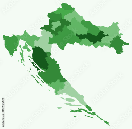 Map of Croatia with regions. Just a simple country border map with region division. Green color palette. Blank Croatia shape with administrative division. Vector illustration.