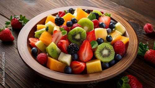 a delightful fresh fruit salad with a variety of vibrant juicy fruits displayed artfully on a wooden surface