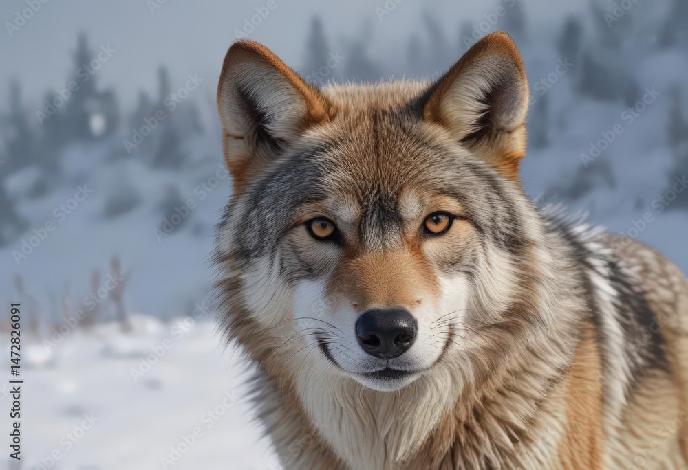 Obraz premium Eurasian wolf, eyes piercing, snow-covered landscape, powerful, nature, environment