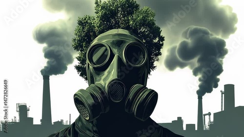 Woman Wearing Gas Mask for Protection Against Pollution in a Dangerous Environment