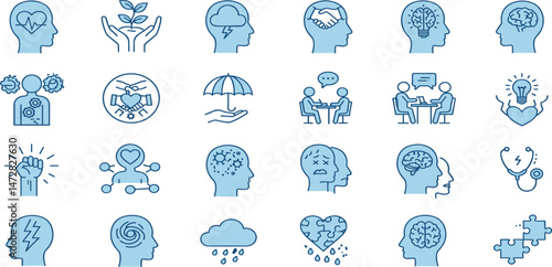 Mental health icons, such as emotions, therapy, psychology and more. Vector illustration