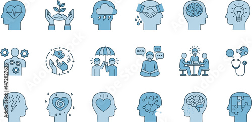 Mental health icons, such as emotions, therapy, psychology and more. Vector illustration