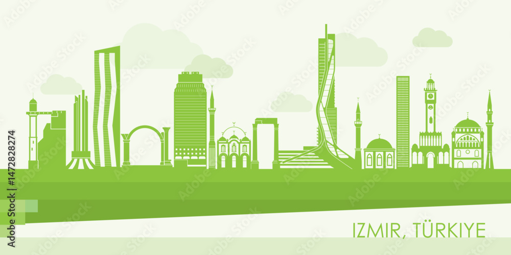 Green Skyline panorama of city of Izmir, Turkiye - vector illustration