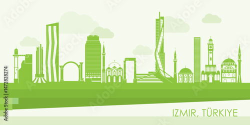 Green Skyline panorama of city of Izmir, Turkiye - vector illustration
