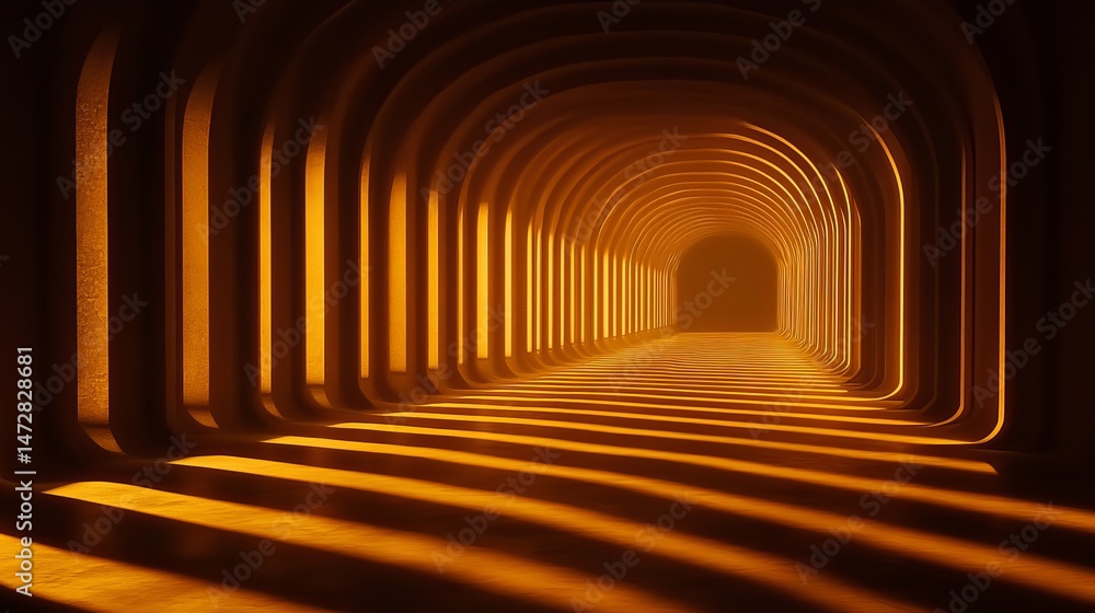 Naklejka premium Golden archway tunnel abstract background design illustration 3d art path warm dark light lines space