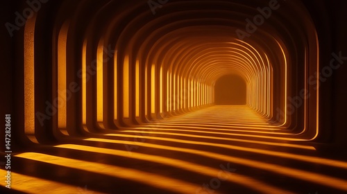 Fototapeta Naklejka Na Ścianę i Meble -  Golden archway tunnel abstract background design illustration 3d art path warm dark light lines space