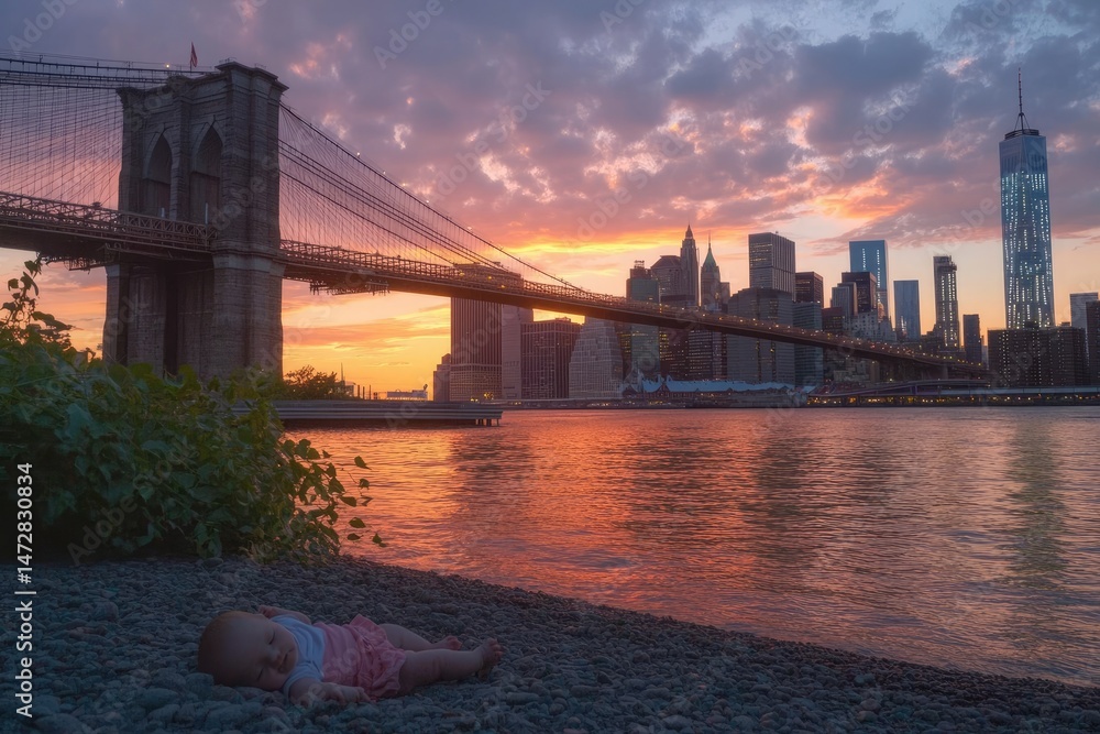 Fototapeta premium Sunset over Brooklyn Bridge and Manhattan Skyline with Baby Sleeping on Shore