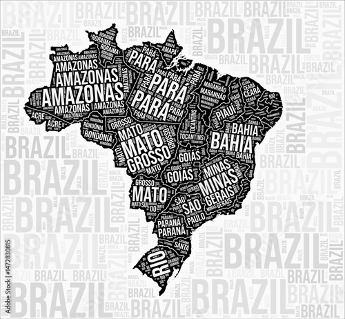 Brazil states map word cloud. Brazil region names. Black and white map design. Artistic vector illustration.