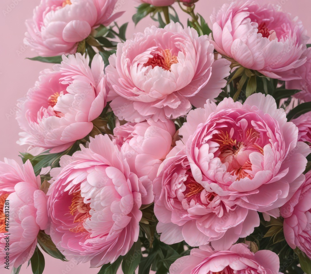 Tightly packed pink peony blooms, pale pink background, nature, soft Tightly packed pink peony blooms, pale pink background, nature, soft