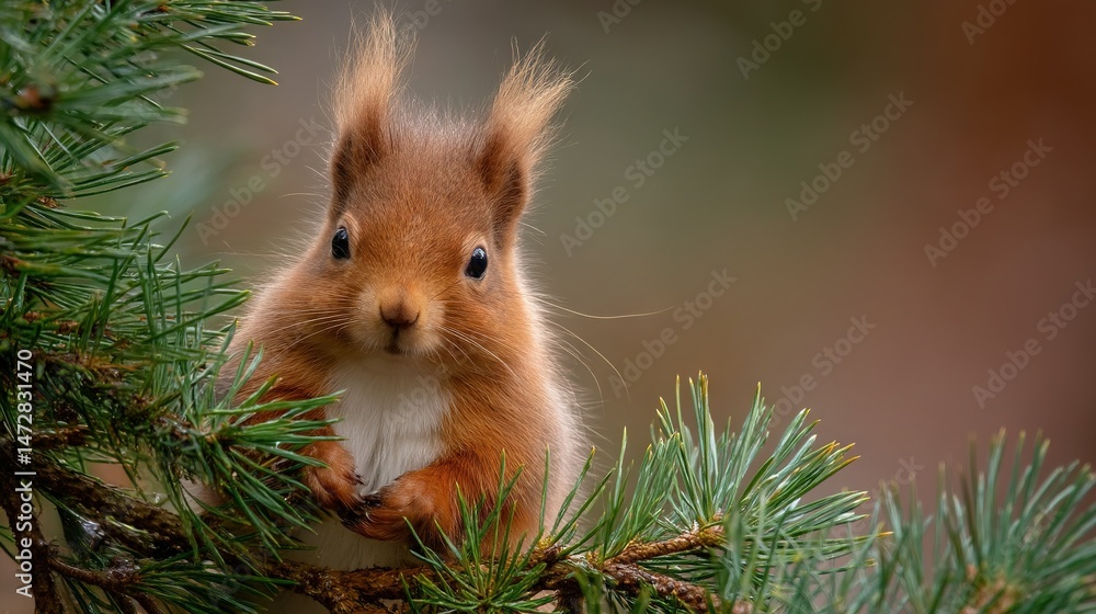 Fototapeta premium A close-up of a squirrel on a tree branch, looking surprised and facing the camera