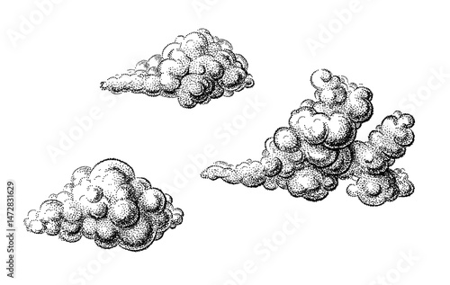 Set of clouds in hand drawn vintage retro style isolated on white background. Cartoon design elements.	