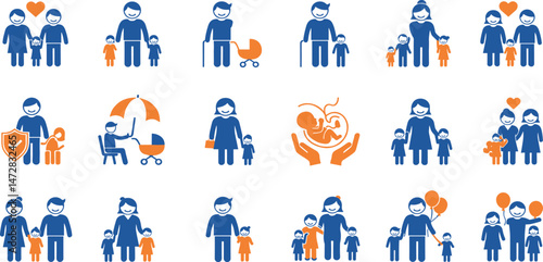 Family icon set. Collection of baby carriage, child, parent and more. Vector illustration. 