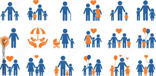 Family icon set. Collection of baby carriage, child, parent and more. Vector illustration. 