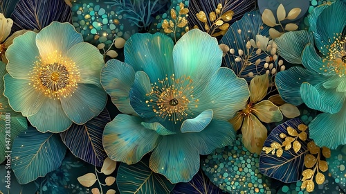 Wallpaper Mural   A stunning artwork of blue and gold blossoms against a blue and green backdrop, featuring golden foliage and a bee in the focal point of the floral composition Torontodigital.ca