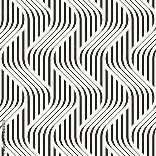Seamless pattern with geometric waves. Endless stylish texture. Ripple monochrome background. Linear weaved grid. Thin interlaced swatch.