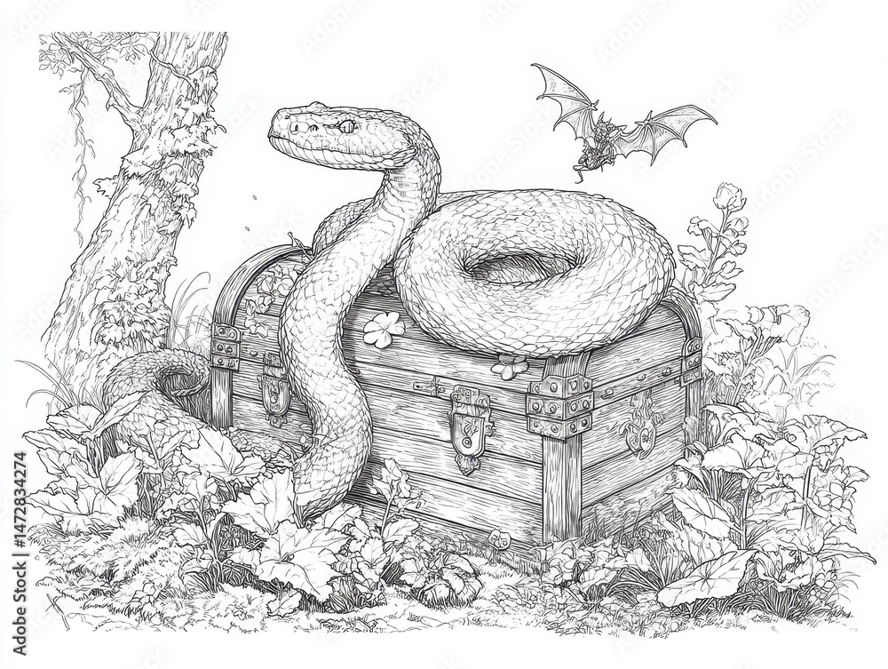 Obraz premium Enchanted forest scene featuring a snake on a treasure chest.