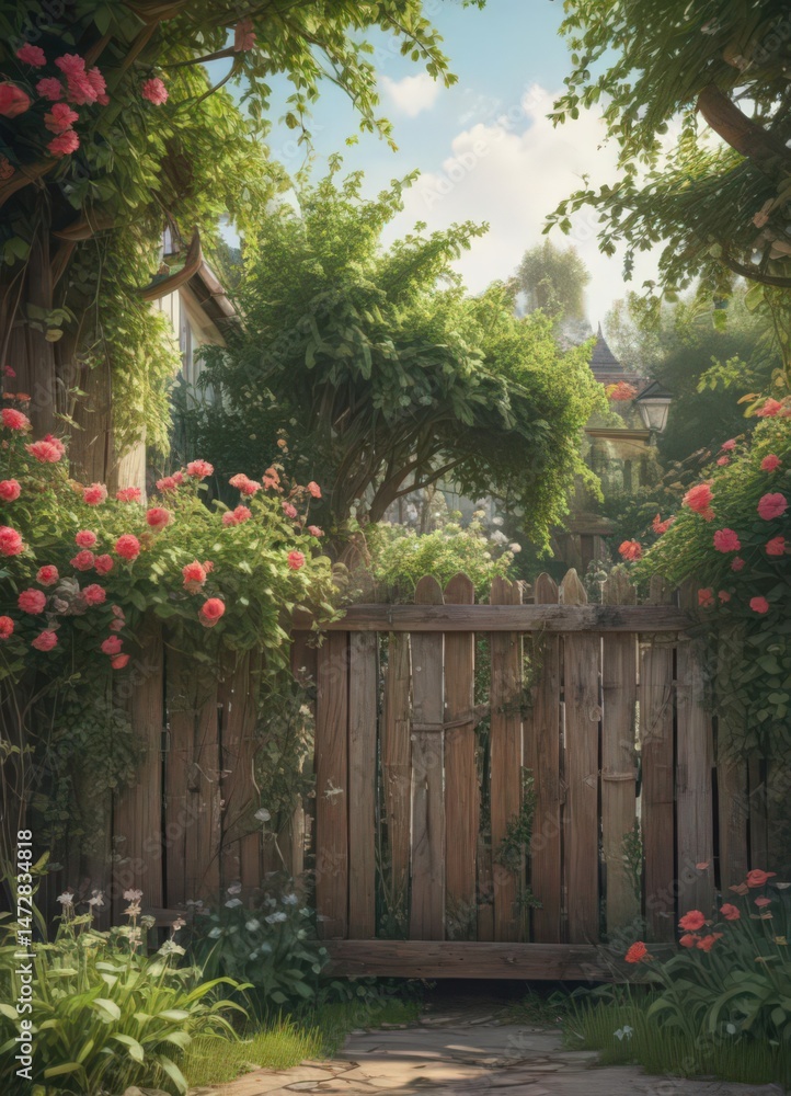 Fototapeta premium Distressed wooden fence partially hidden by lush flowering vines, vintage frame , worn, flowers, spring