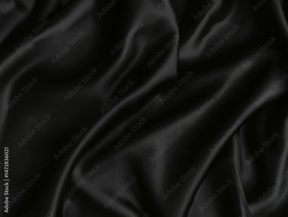 Fototapeta premium Black satin fabric with soft folds and smooth texture creating a luxurious background.