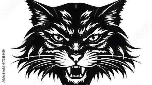 Detailed Black Stencil of Angry Cat's Muzzle, Ideal for Vector Graphics and Print Designs