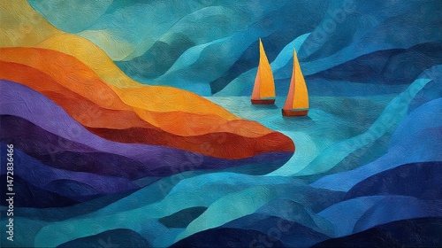  Two sailboats float on a body of water with a mountain range in the background Blue, orange, yellow, and purple waves crash in the foreground